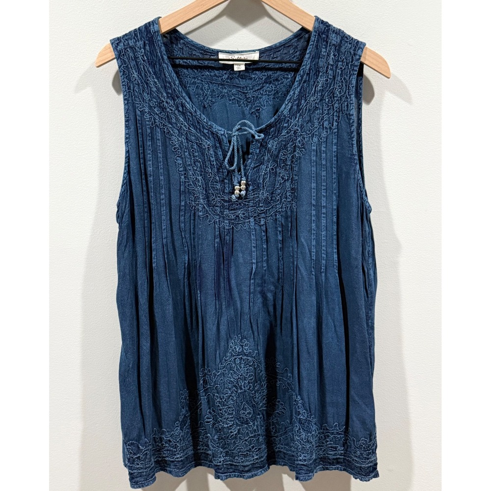 Solitaire Women's Embroidered Boho Top Sleeveless Peasant Blouse Blue Size 1X